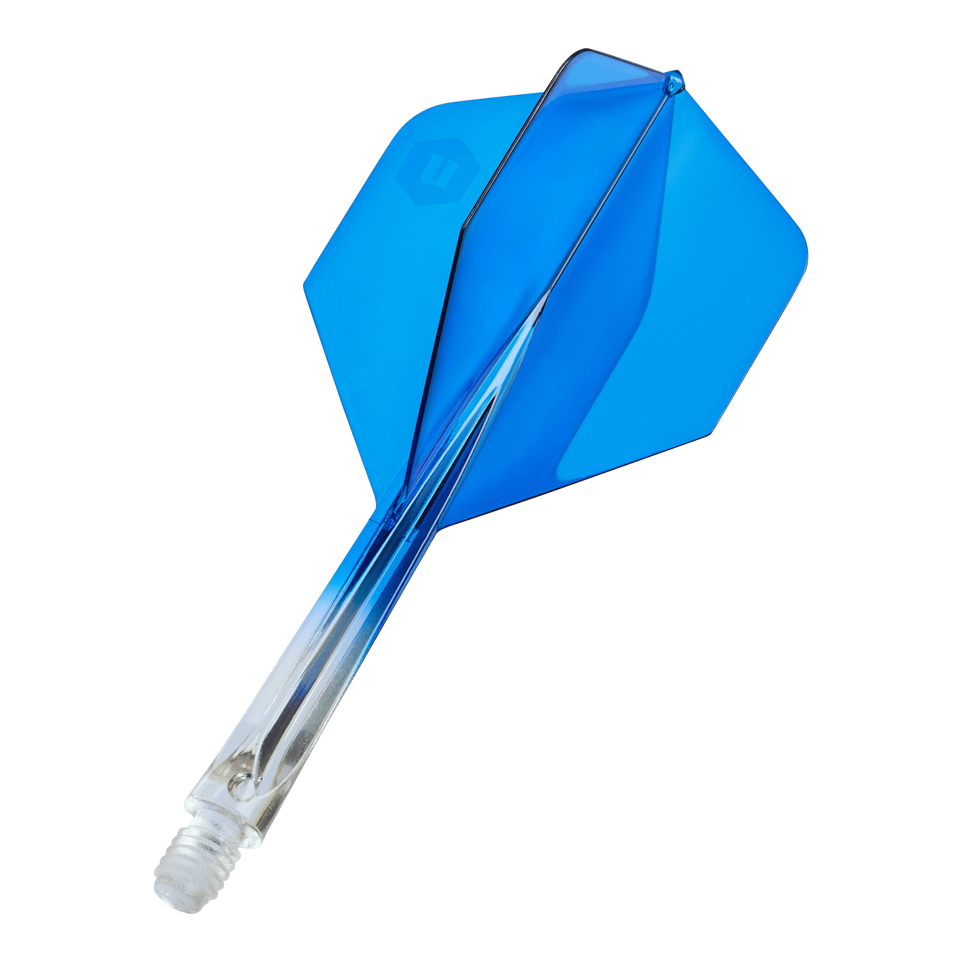 Unicorn Forge Two Tone No2 Standard Flights in Klar Blau, Medium, sind zu sehen. Es sind Ersatz-Flights für Dartpfeile.